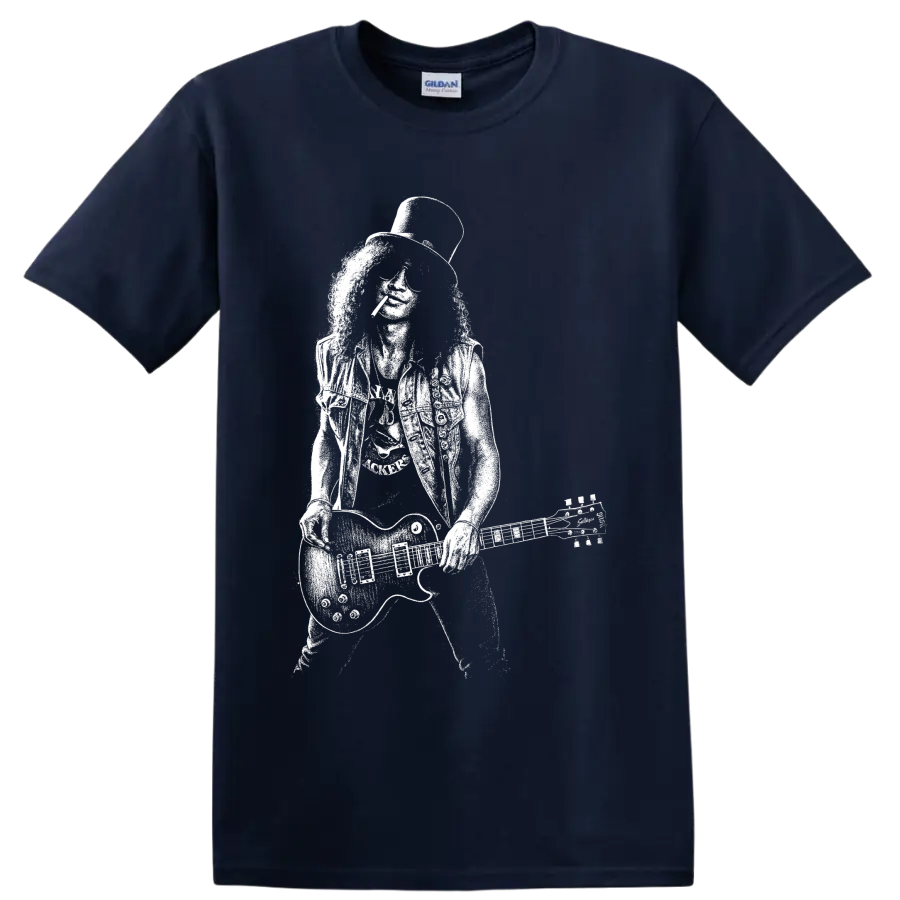 White Slash guitarist portrait with top hat, sunglasses, and guitar graphic on a T shirt on a Navy (Blue) T Shirt
