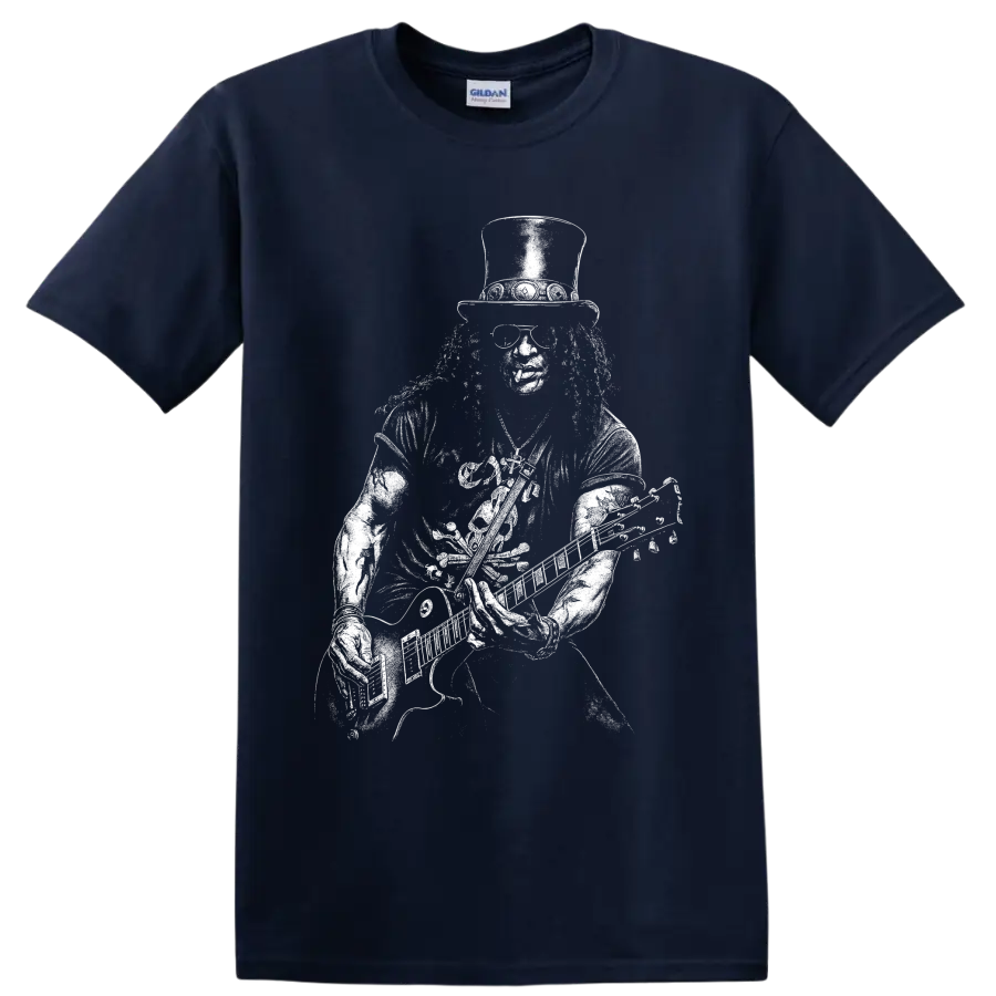 Black-and-white Slash guitarist portrait graphic with top hat and sunglasses on a Navy (Blue) T Shirt
