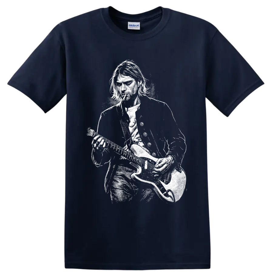 Kurt Cobain holding a guitar in a high-contrast black-and-white portrait graphic T shirt design on a Navy (Blue) T Shirt