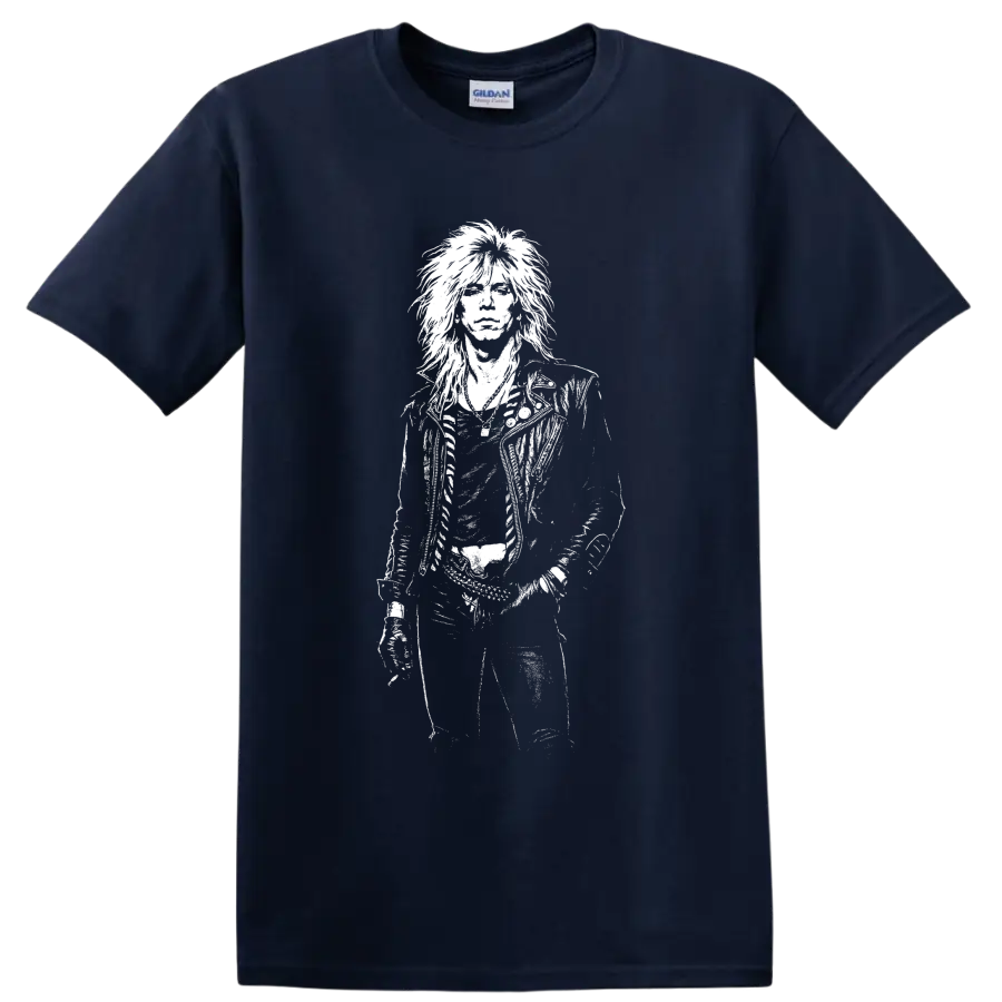 Monochrome Duff McKagan portrait holding a bass guitar on a graphic T shirt on a Navy (Blue) T Shirt