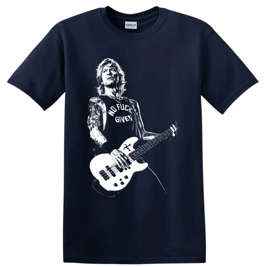 Duff McKagan-style bassist silhouette playing electric bass on a graphic T-shirt design on a Navy (Blue) T Shirt