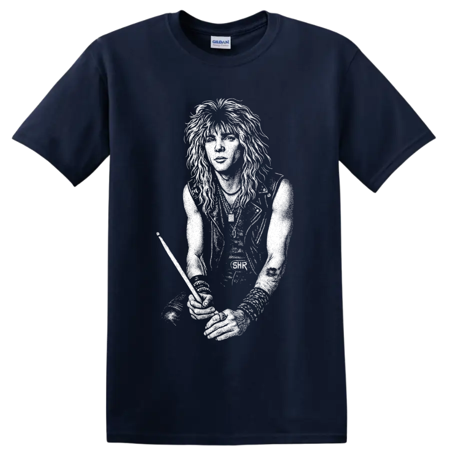 Black-and-white graphic portrait of Duff McKagan with long hair in a bold rock illustration style on a Navy (Blue) T Shirt