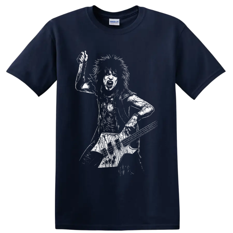 White graphic silhouette of Nikki Sixx playing bass guitar on a rock musician T shirt on a Navy (Blue) T Shirt