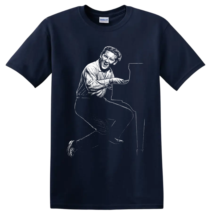 Jerry Lee Lewis-style monochrome graphic of a rock and roll pianist performing at a piano on a T on a Navy (Blue) T Shirt
