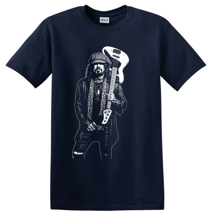 High-contrast Nikki Sixx portrait in a raw monochrome rock poster style on a Navy (Blue) T Shirt