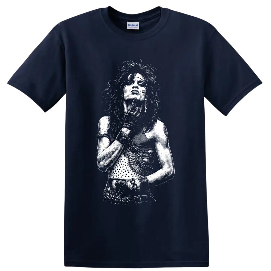 High-contrast white Tommy Lee portrait in a bold monochrome rock graphic style on a Navy (Blue) T Shirt