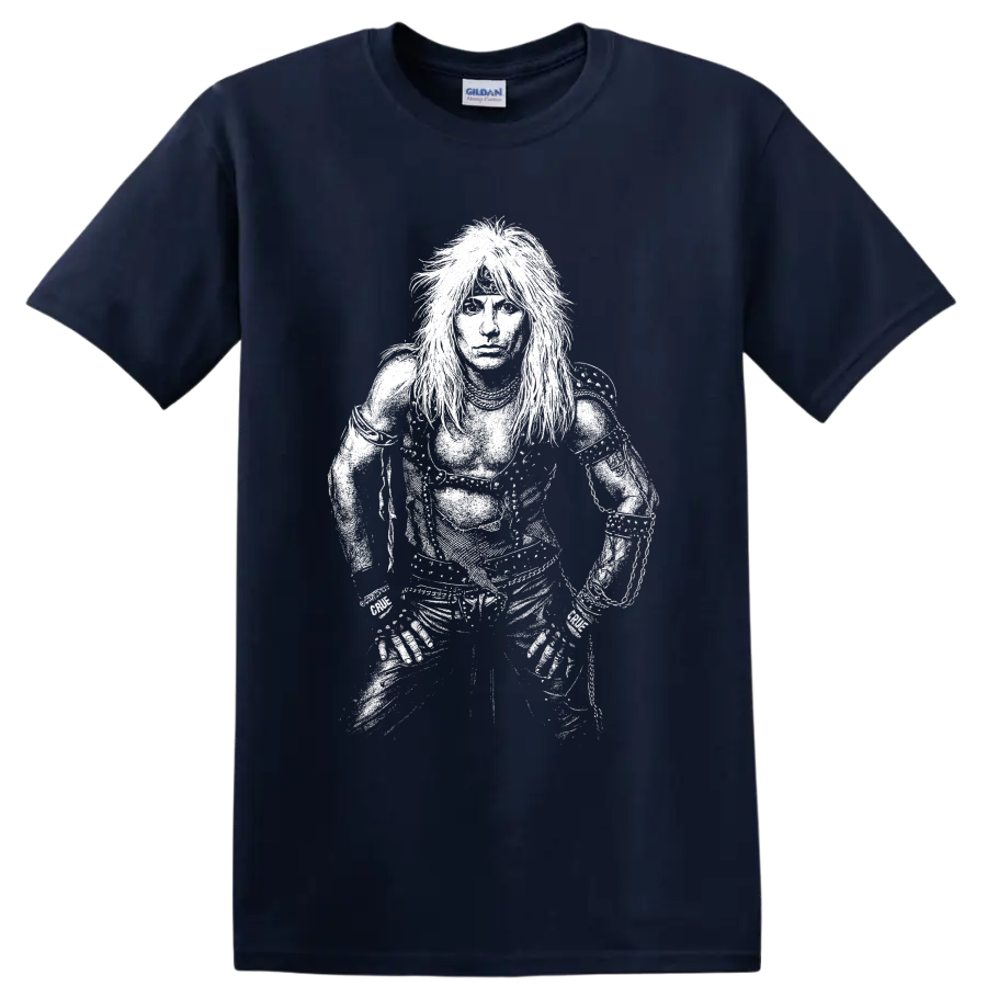 High-contrast black-and-white Vince Neil portrait in a dramatic rock performance style on a Navy (Blue) T Shirt