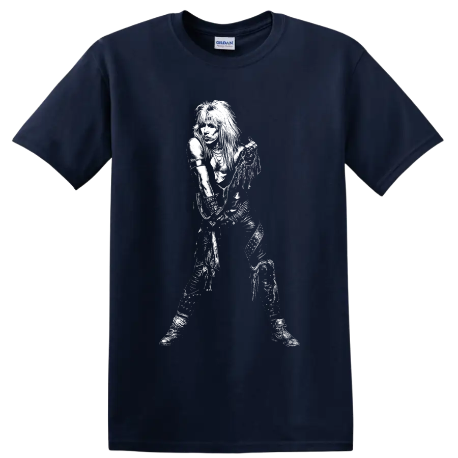 High-contrast black-and-white portrait of Vince Neil of Mötley Crüe on a Navy (Blue) T Shirt