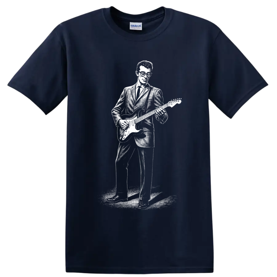Buddy Holly inspired guitarist silhouette in bold vintage rock and roll style on a Navy (Blue) T Shirt