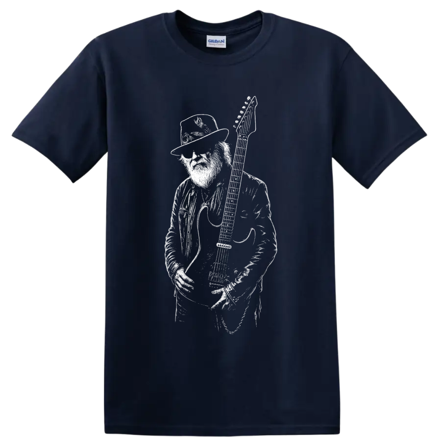 Billy Gibbons with electric guitar in bold monochrome rock portrait illustration on a Navy (Blue) T Shirt