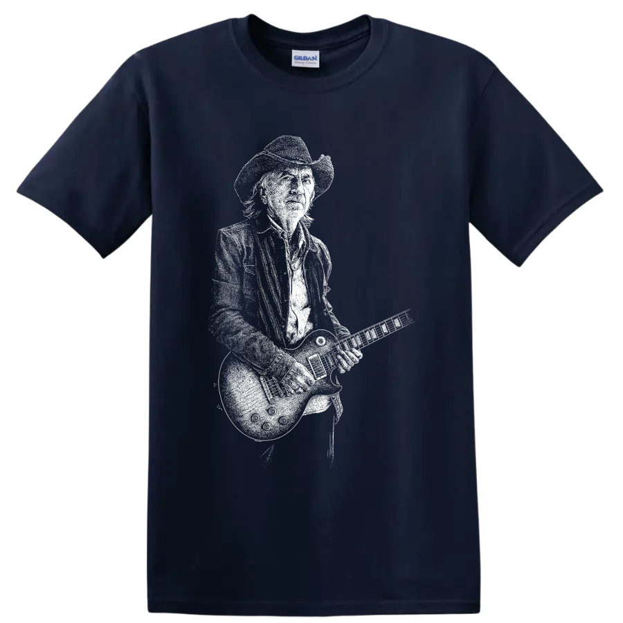 White silhouette of Stevie Ray Vaughan in hat playing guitar on a Navy (Blue) T Shirt