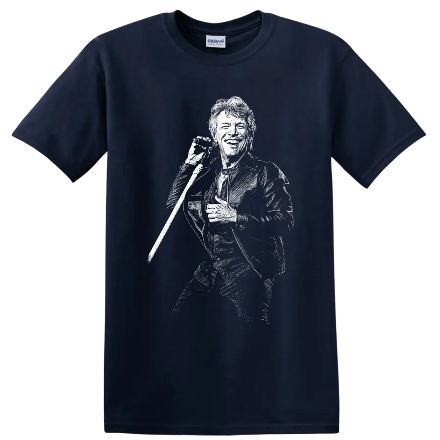 High-contrast Mick Jagger microphone portrait in black-and-white rock art on a Navy (Blue) T Shirt