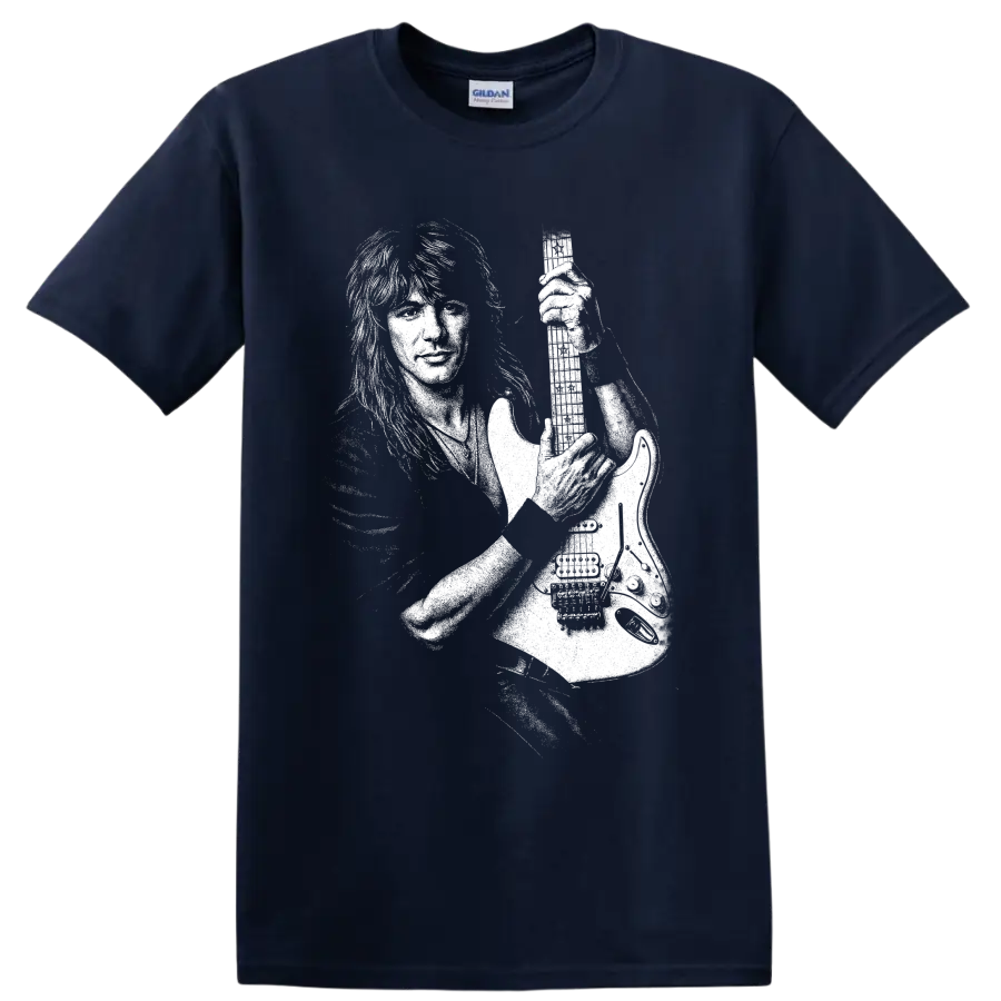 Black-and-white Richie Sambora guitarist stage portrait graphic on a Navy (Blue) T Shirt