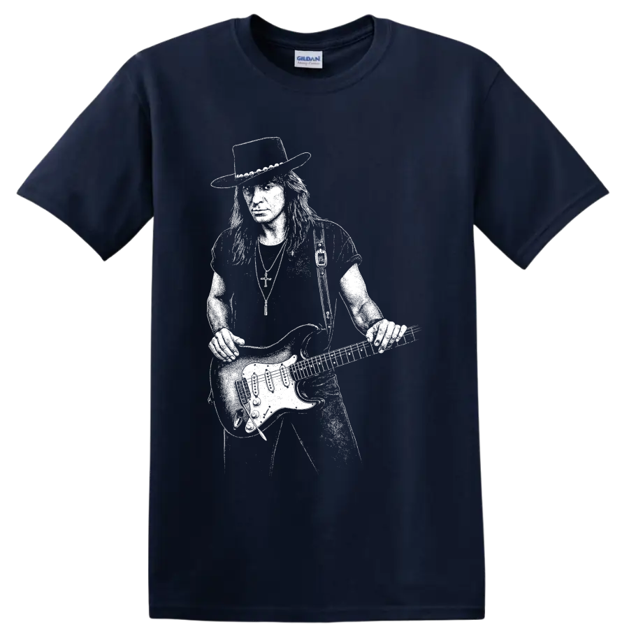 White guitarist performance silhouette with raised electric guitar on a Navy (Blue) T Shirt