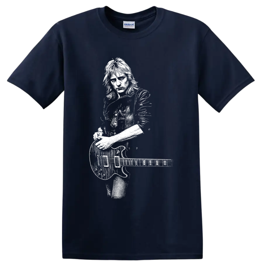 Phil Collen of Def Leppard playing guitar in a bold monochrome portrait illustration on a Navy (Blue) T Shirt
