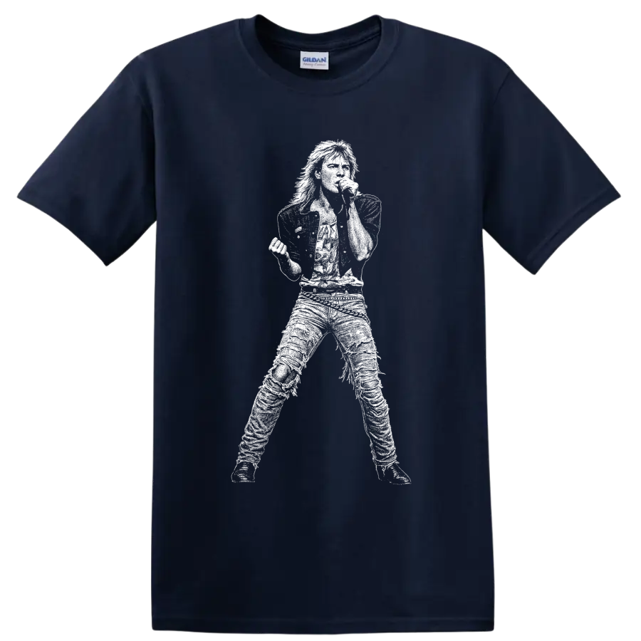 Joe Elliott Def Leppard singer silhouette holding microphone in bold graphic style on a Navy (Blue) T Shirt