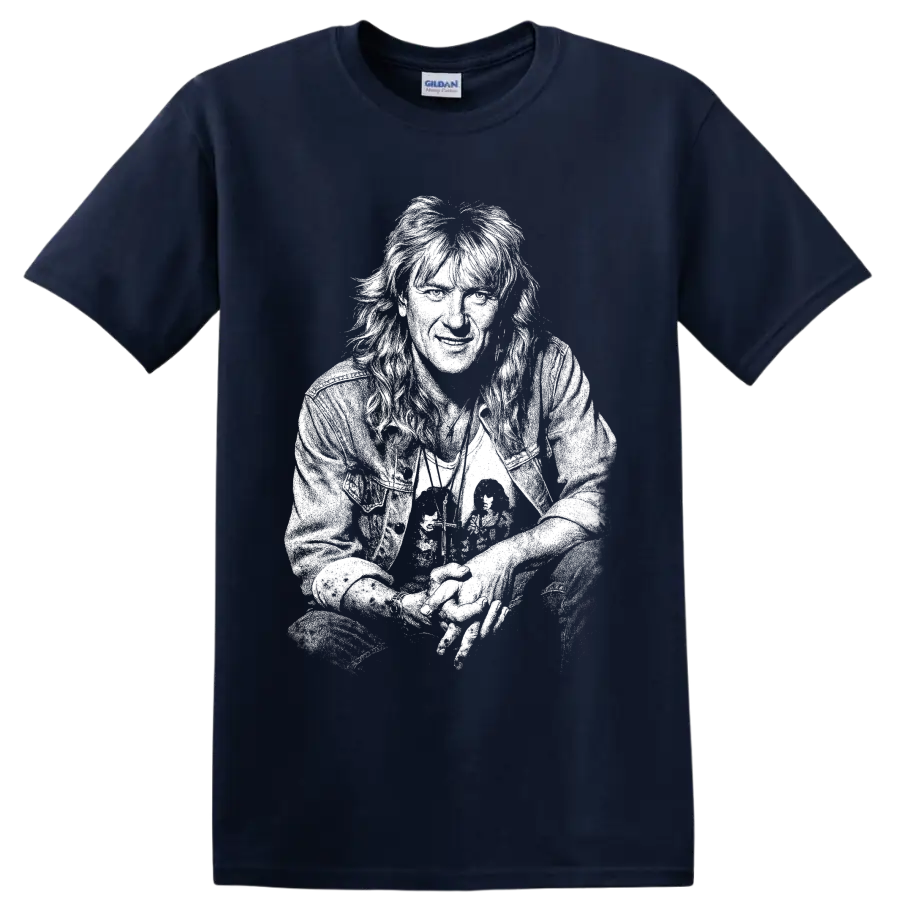 High-contrast Joe Elliott Def Leppard British rock singer portrait graphic on a Navy (Blue) T Shirt