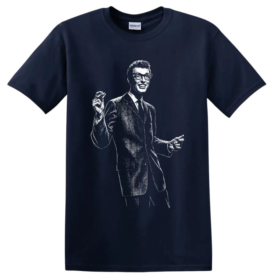 Buddy Holly guitarist silhouette in bold black-and-white rock and roll graphic style on a Navy (Blue) T Shirt