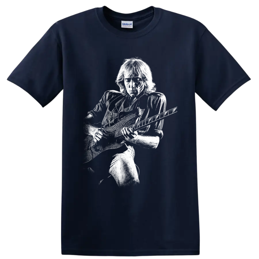 Glenn Tipton of Judas Priest playing guitar in a bold monochrome portrait design on a Navy (Blue) T Shirt