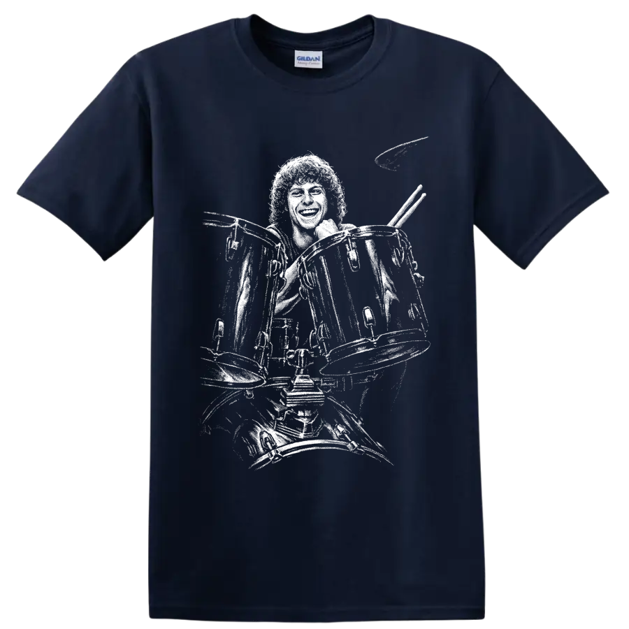 High-contrast Tommy Aldridge rock drummer silhouette performing behind a drum kit on a Navy (Blue) T Shirt