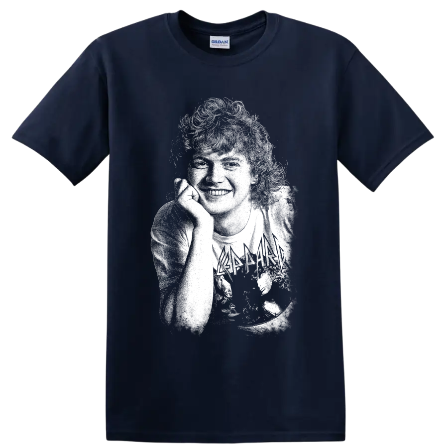 High-contrast Rick Allen drummer portrait with drum kit rock artwork on a Navy (Blue) T Shirt