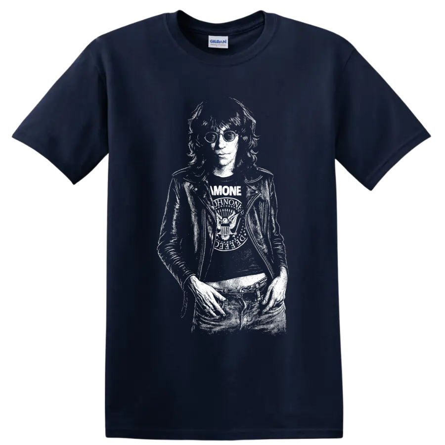 High-contrast black-and-white Joey Ramone punk rock singer portrait with microphone on a Navy (Blue) T Shirt