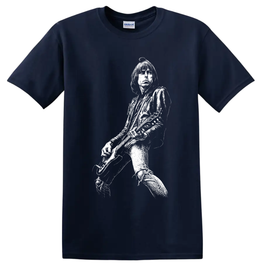 High-contrast Joey Ramone portrait with microphone in vintage punk rock style on a Navy (Blue) T Shirt