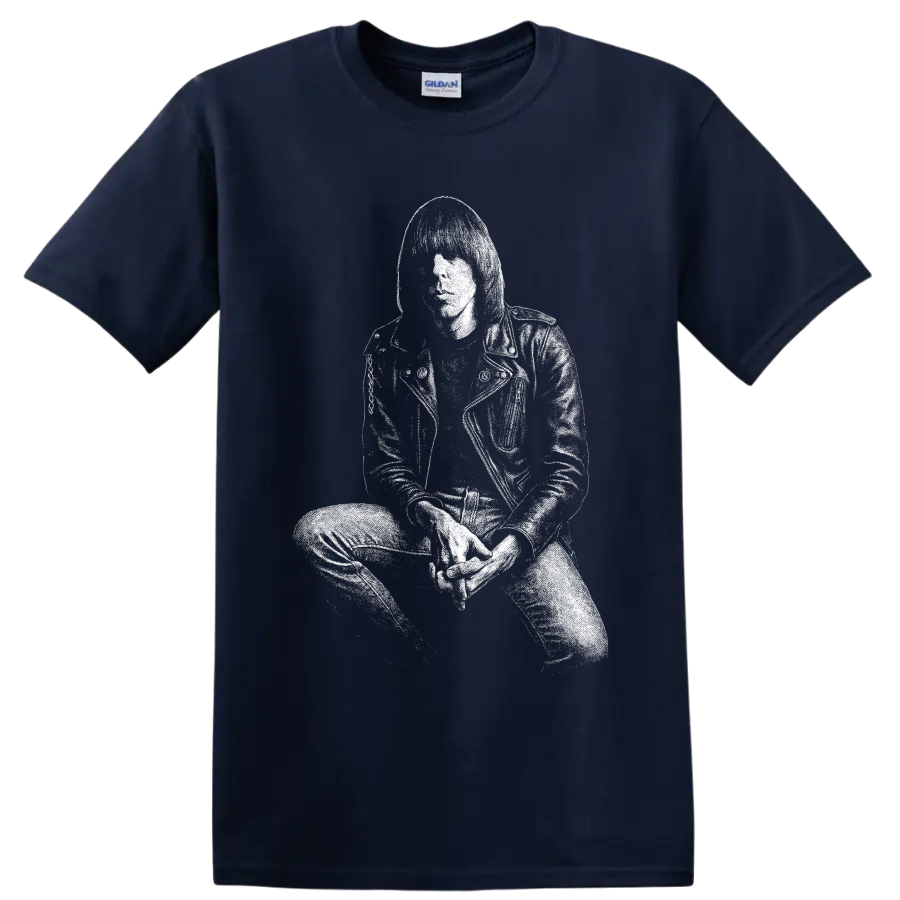 White stencil-style Joey Ramone portrait in sunglasses and leather jacket on a Navy (Blue) T Shirt