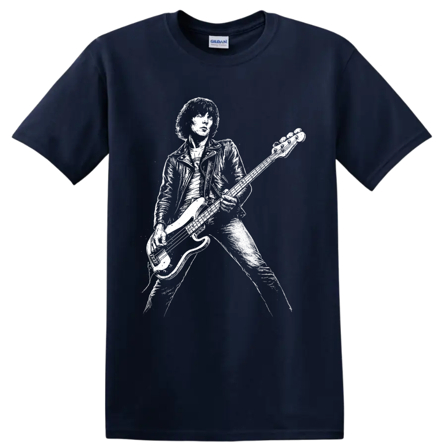 Dee Dee Ramone bass guitarist portrait in stark black-and-white punk style on a Navy (Blue) T Shirt