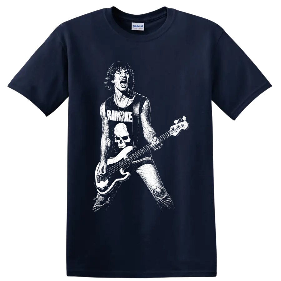 Dee Dee Ramone playing bass in a bold white punk rock silhouette on a Navy (Blue) T Shirt