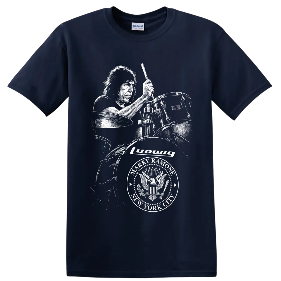 High-contrast Marky Ramone drummer portrait with drum kit in punk rock art on a Navy (Blue) T Shirt
