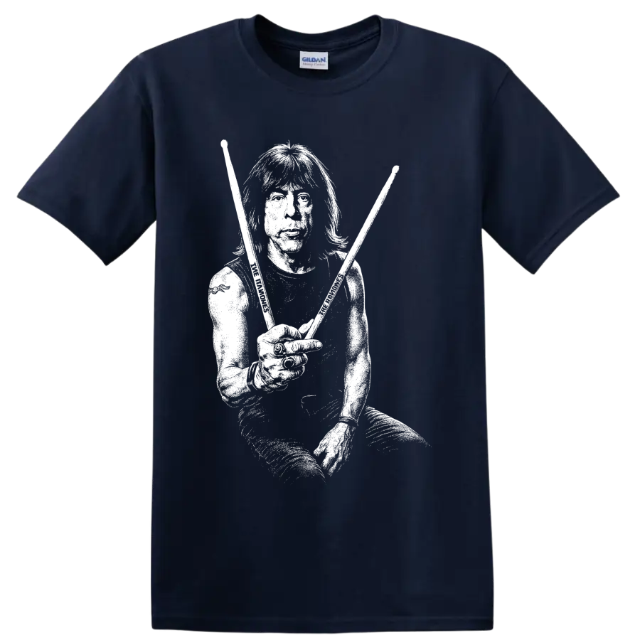 Marky Ramone portrait in stark black-and-white punk rock illustration on a Navy (Blue) T Shirt