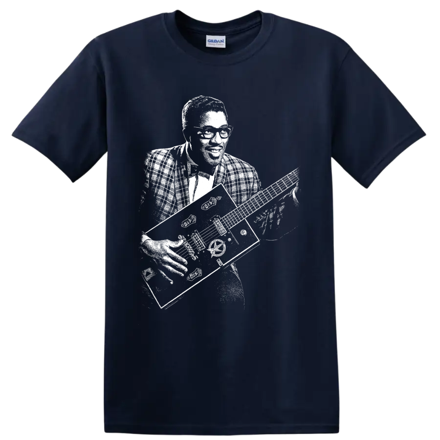 Bo Diddley black-and-white portrait with square guitar in vintage performance style on a Navy (Blue) T Shirt