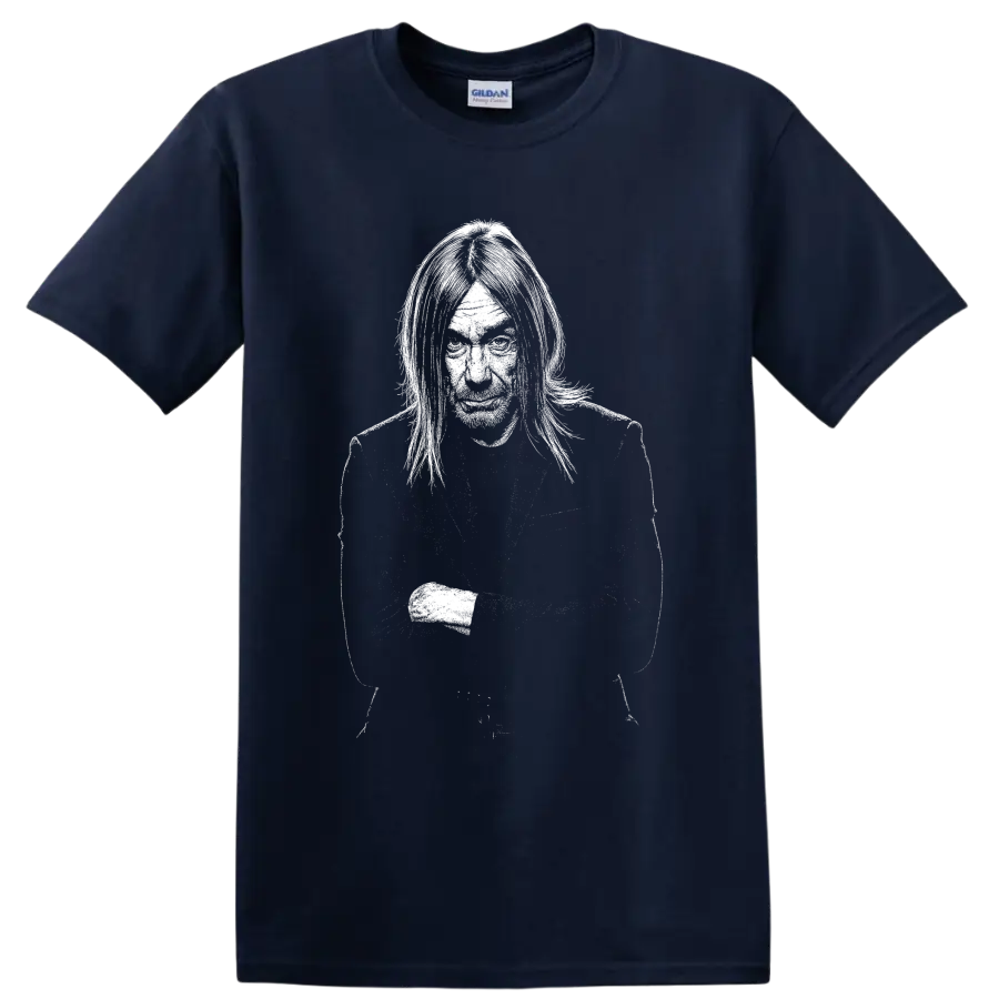 High-contrast Iggy Pop performance portrait graphic with microphone on a Navy (Blue) T Shirt