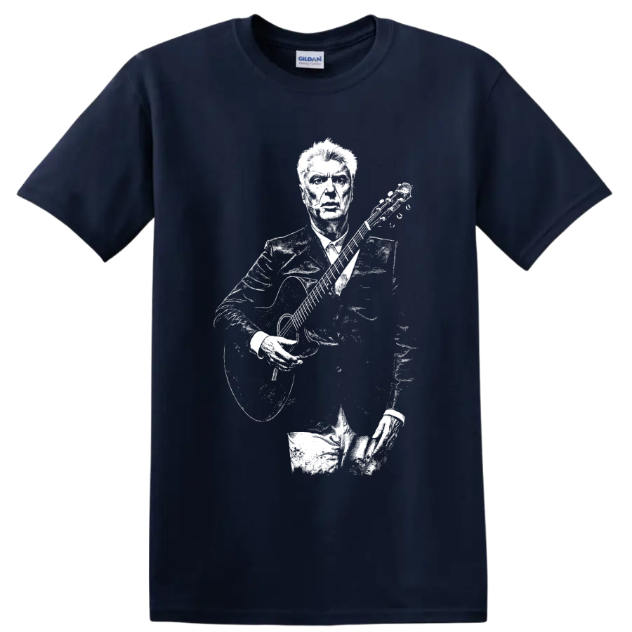 David Byrne with guitar in a high-contrast stencil portrait style on a Navy (Blue) T Shirt