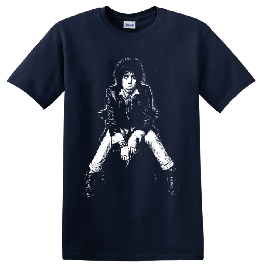 High-contrast Mick Jagger portrait graphic inspired by The Rolling Stones on a Navy (Blue) T Shirt