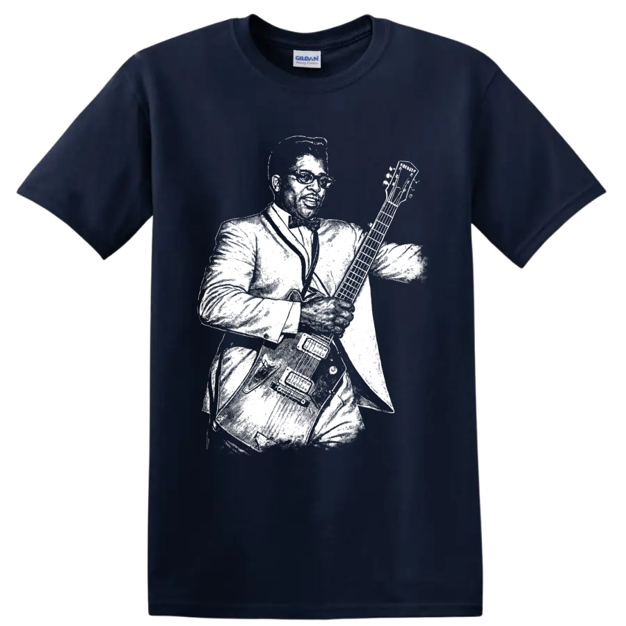 Bo Diddley playing guitar in bold white rock and roll silhouette artwork on a Navy (Blue) T Shirt