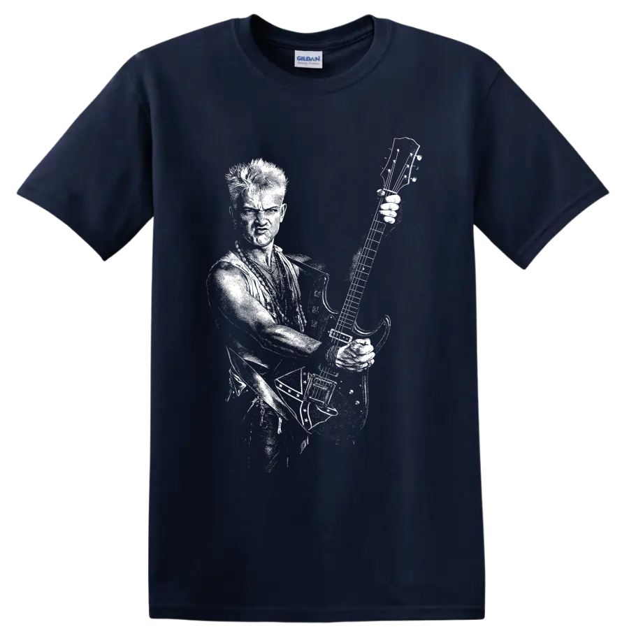 Billy Idol raised fist and microphone punk rock concert portrait graphic on a Navy (Blue) T Shirt