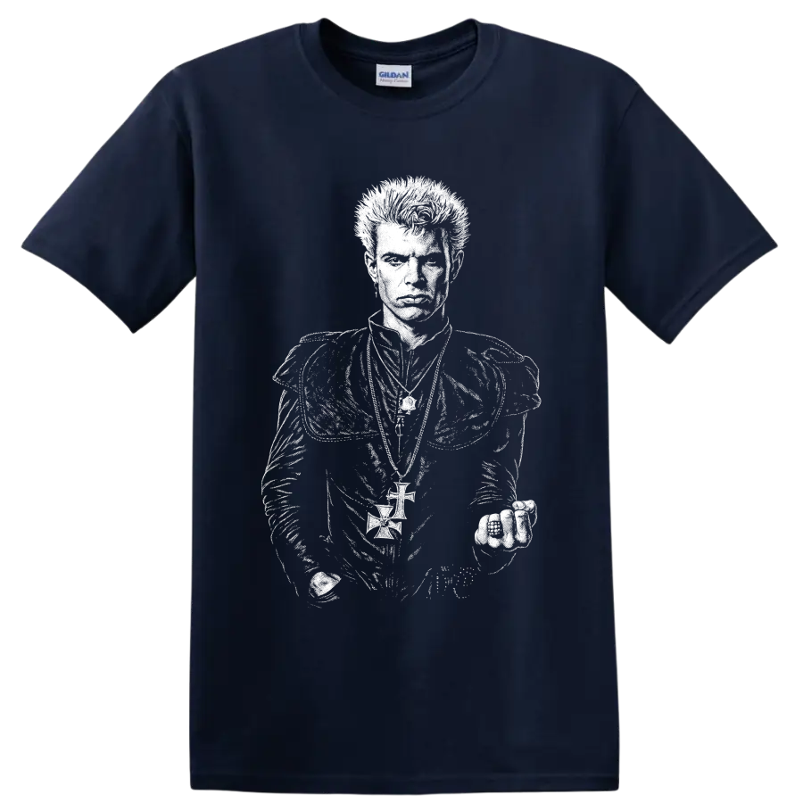 High-contrast Billy Idol portrait in a bold punk rock illustration style on a Navy (Blue) T Shirt