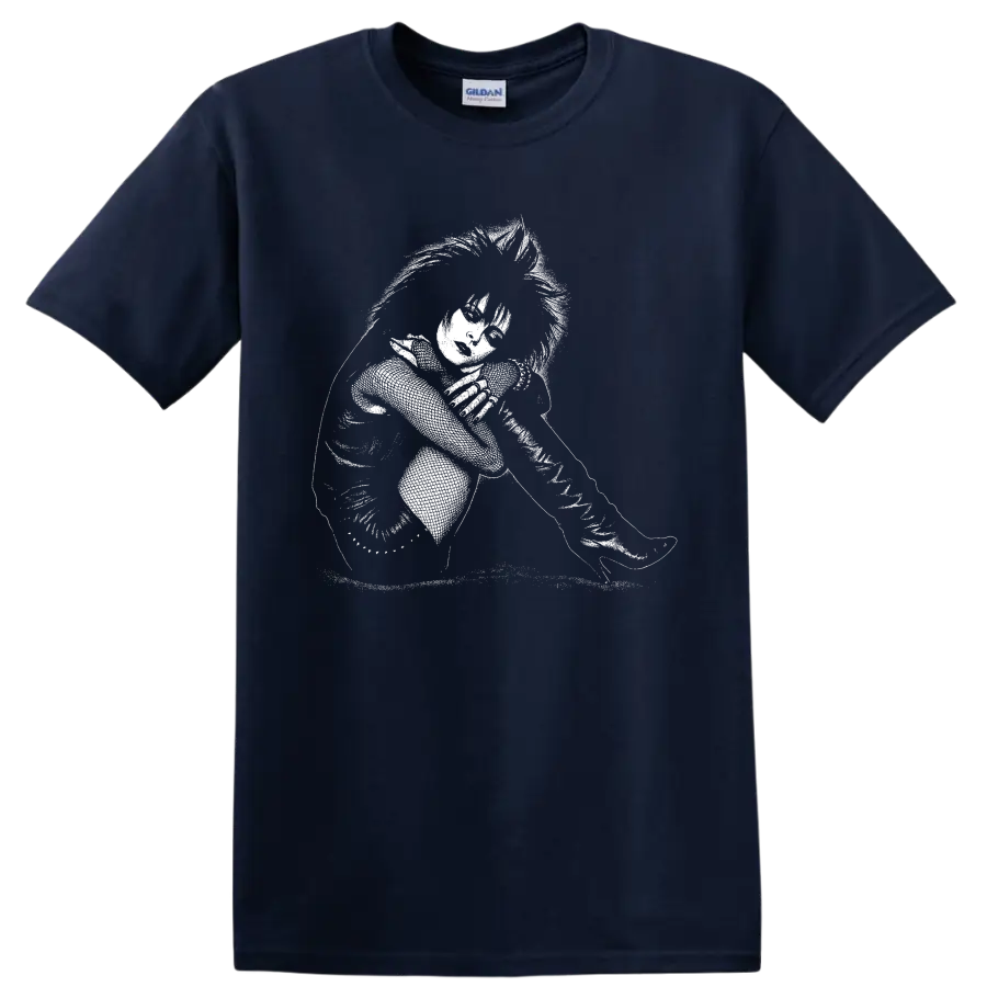 Siouxsie Sioux monochrome portrait singing into microphone in gothic punk style on a Navy (Blue) T Shirt