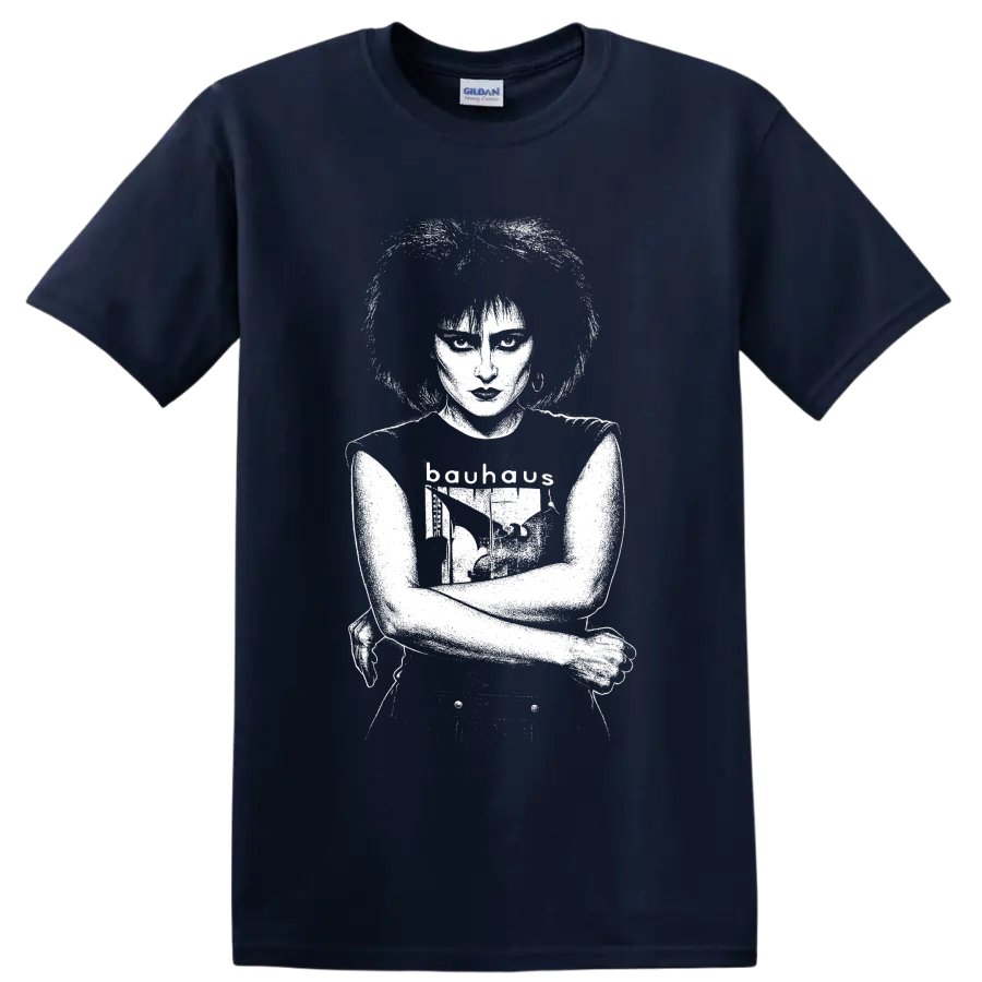 Monochrome Siouxsie Sioux portrait in a bold post-punk music graphic style on a Navy (Blue) T Shirt