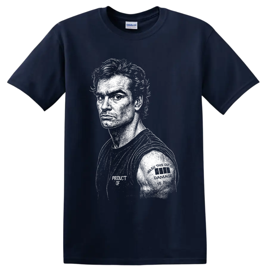 Stark distressed Henry Rollins portrait in Black Flag hardcore punk style on a Navy (Blue) T Shirt
