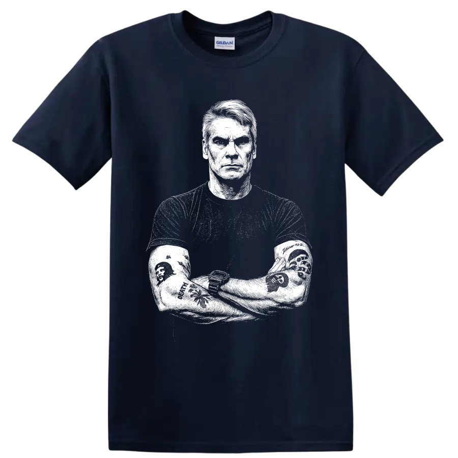 High-contrast black-and-white Henry Rollins Black Flag punk portrait graphic on a Navy (Blue) T Shirt