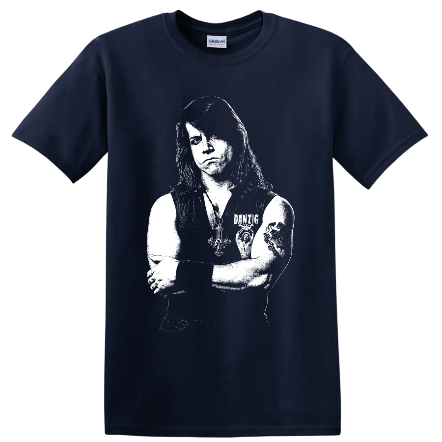 High-contrast Glenn Danzig portrait in stark punk rock graphic style on a Navy (Blue) T Shirt