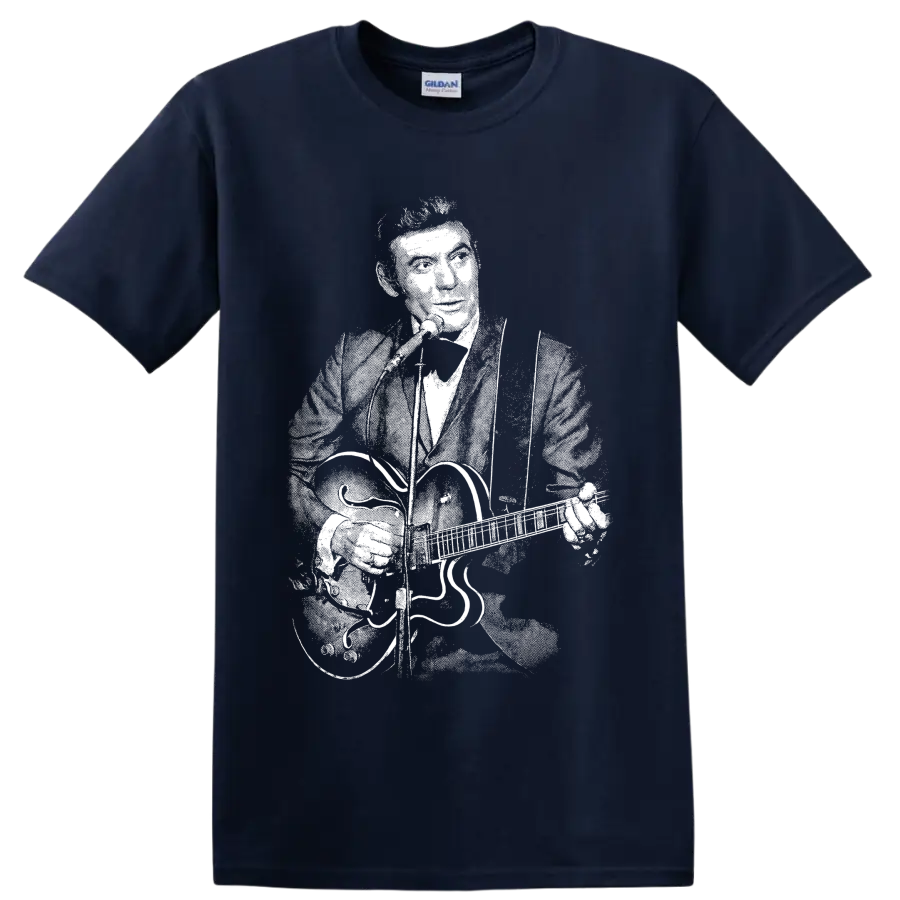 Monochrome Carl Perkins guitarist portrait in vintage rockabilly illustration style on a Navy (Blue) T Shirt