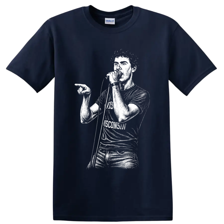 Ian Curtis portrait in stark monochrome post-punk illustration style on a Navy (Blue) T Shirt