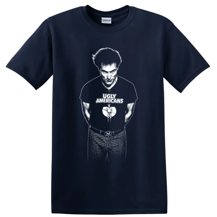 Bob Schneider Ugly Americans guitarist silhouette in bold monochrome graphic style on a Navy (Blue) T Shirt