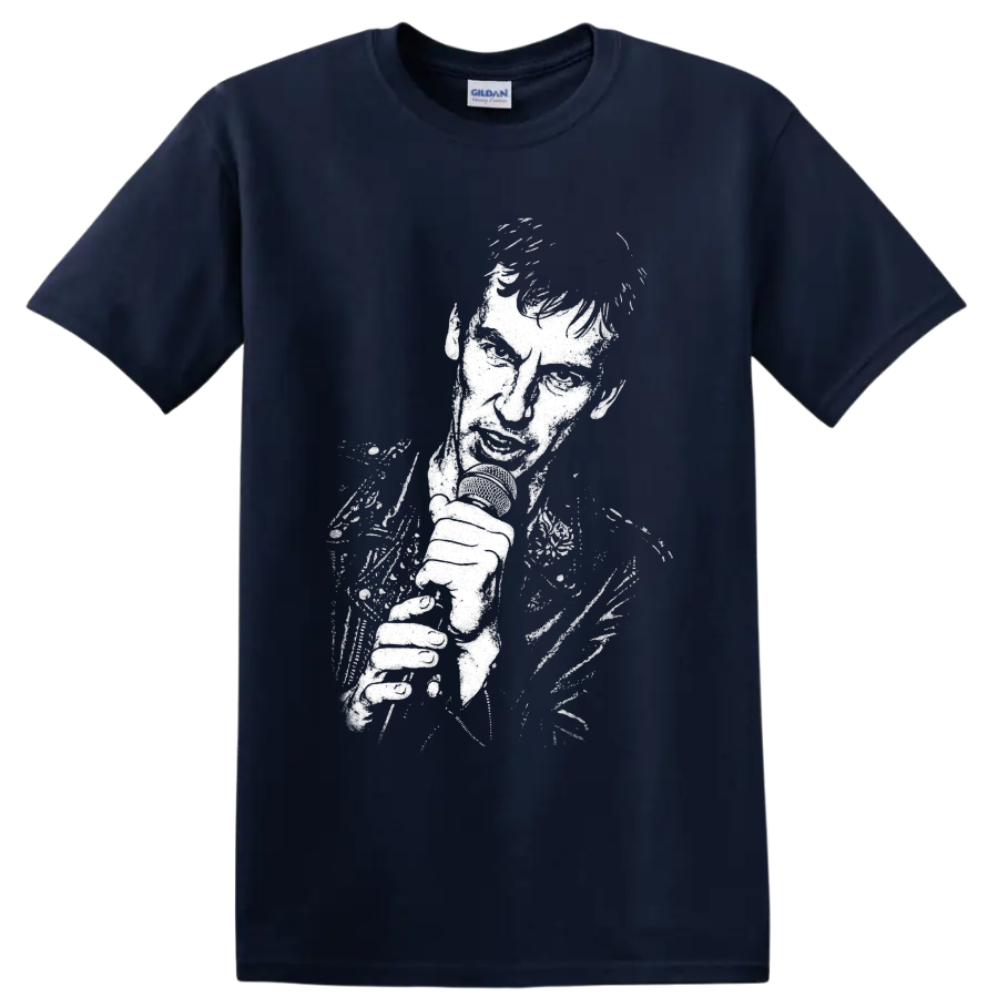 High-contrast Ian McCulloch guitar portrait in distressed post-punk style on a Navy (Blue) T Shirt