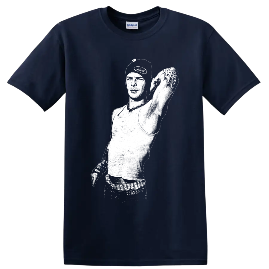 Anthony Kiedis white silhouette singer portrait with microphone and cap on a Navy (Blue) T Shirt