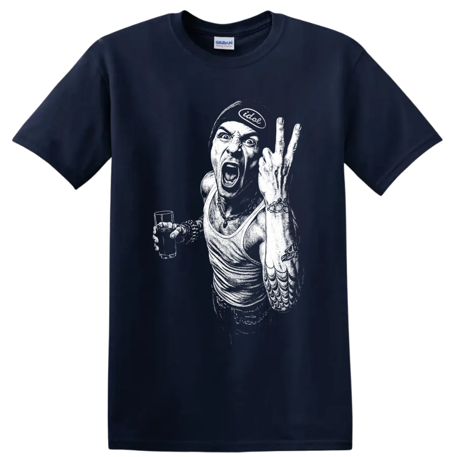 High-contrast Chester Bennington performance portrait with microphone and raised arm on a Navy (Blue) T Shirt